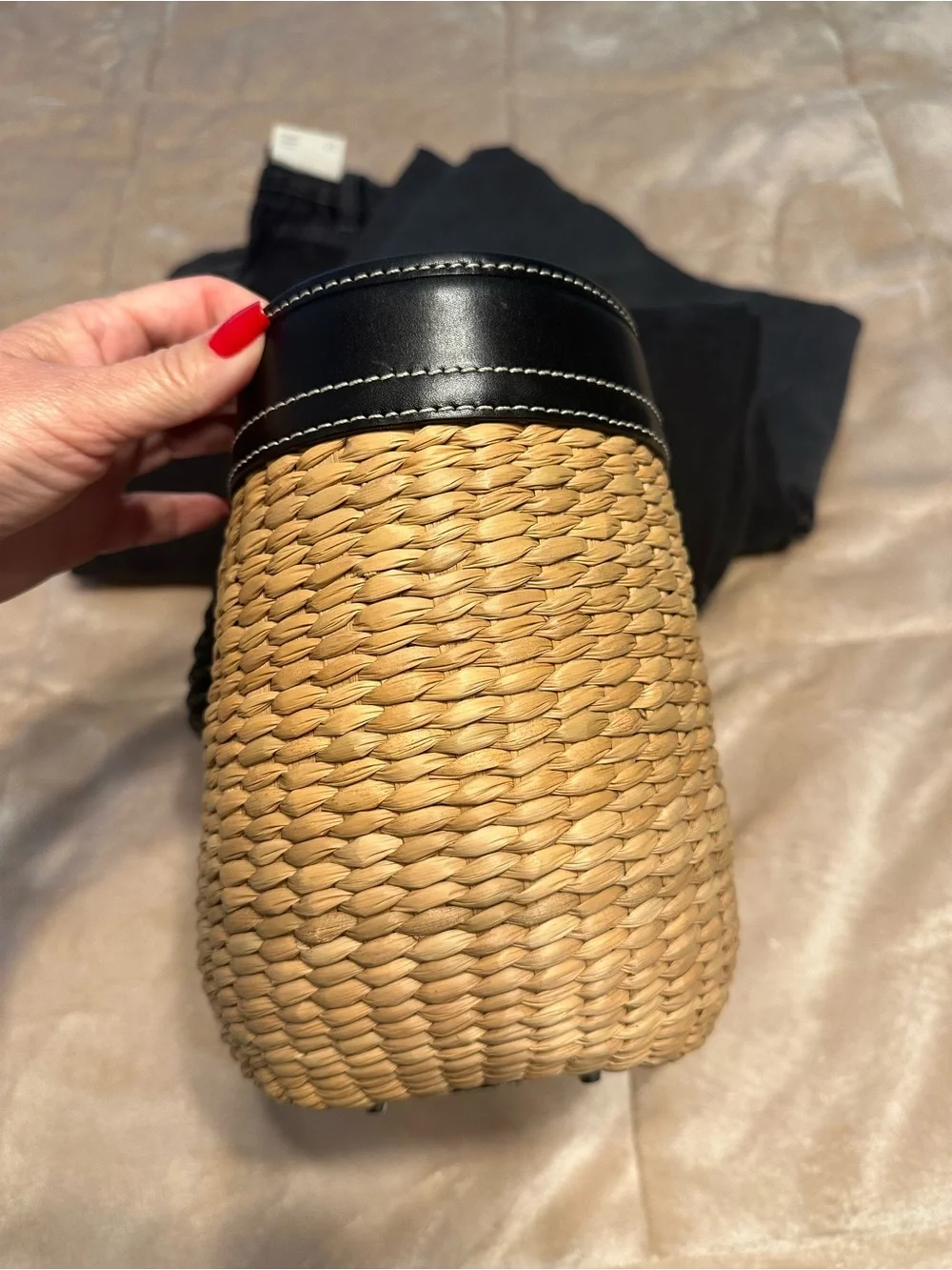 Coach SoHo Woven Straw Tote with Black Leather Trim and Pink Interior